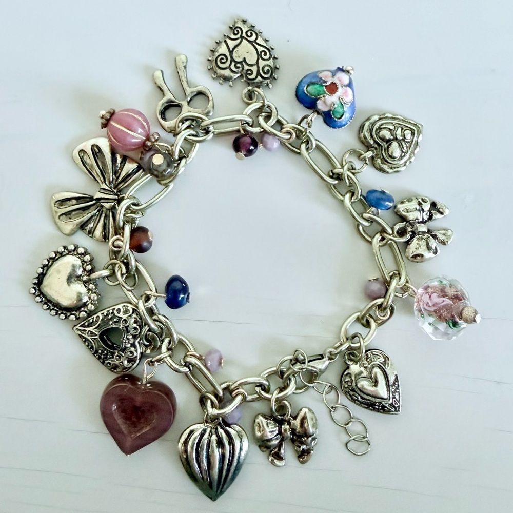 Charm bracelet with cloisonné, hearts, and bows #14